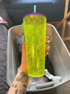 Starbucks Neon Yellow Glitter Tumbler with Purple Rim